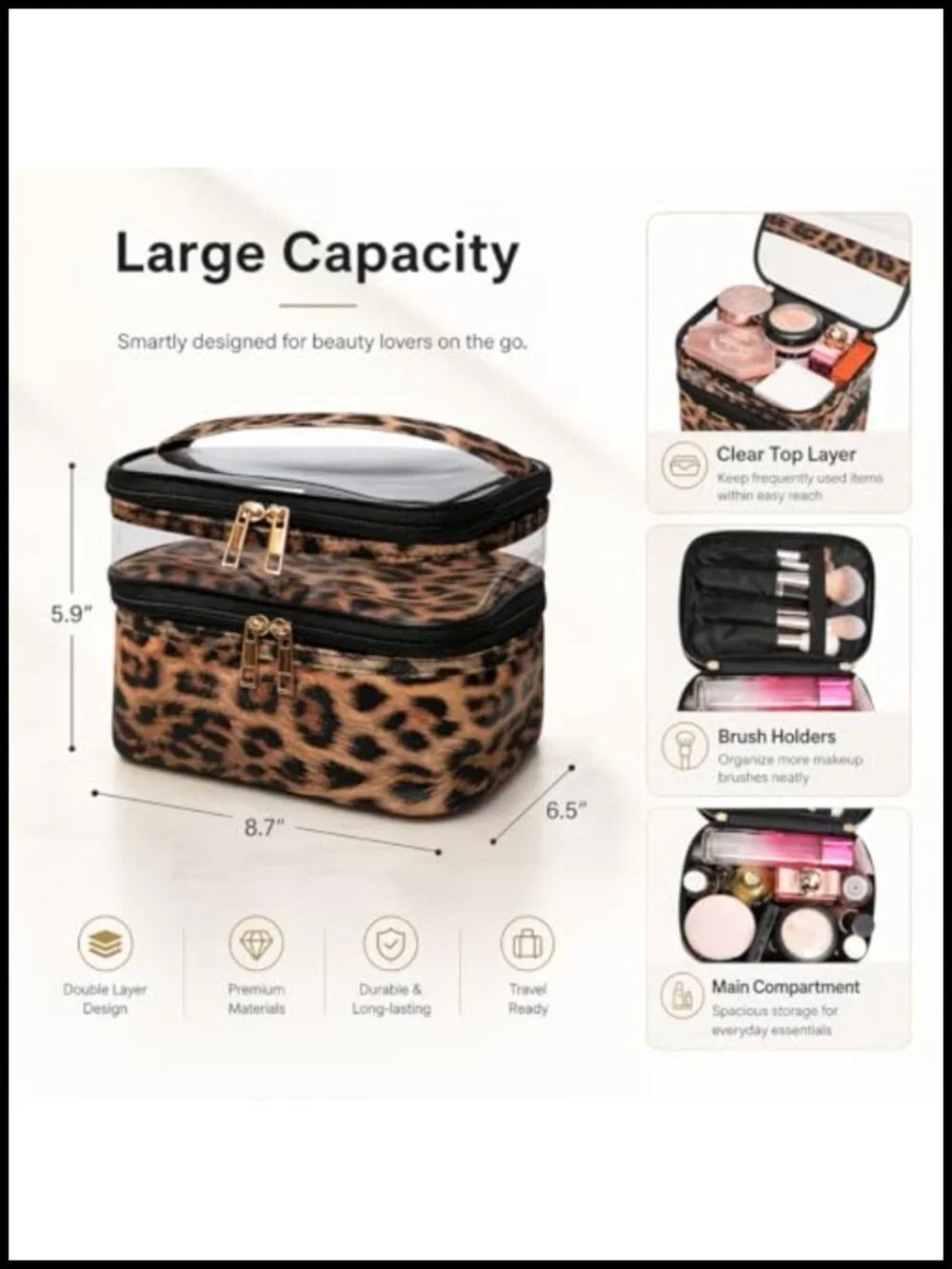 Double Layer Leopard Print Travel Cosmetic Organizer Toiletry Bag